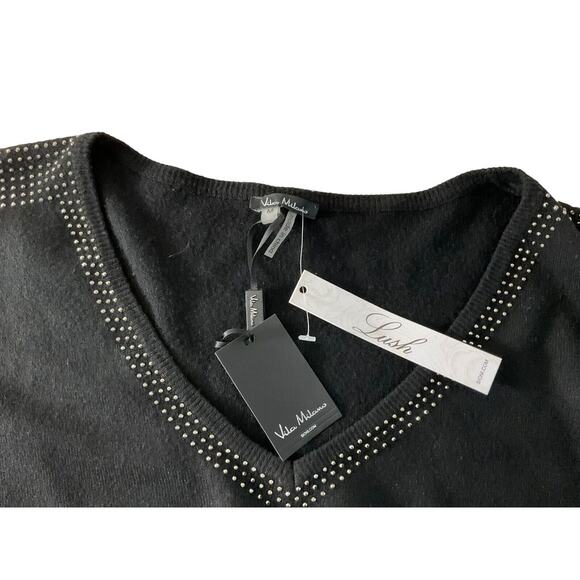 Vita Milano Black Sweater Studded Trim V-Neck Medium New - Picture 9 of 13